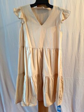 Light Cream Tiered V-Neck Flutter Sleeve Dress